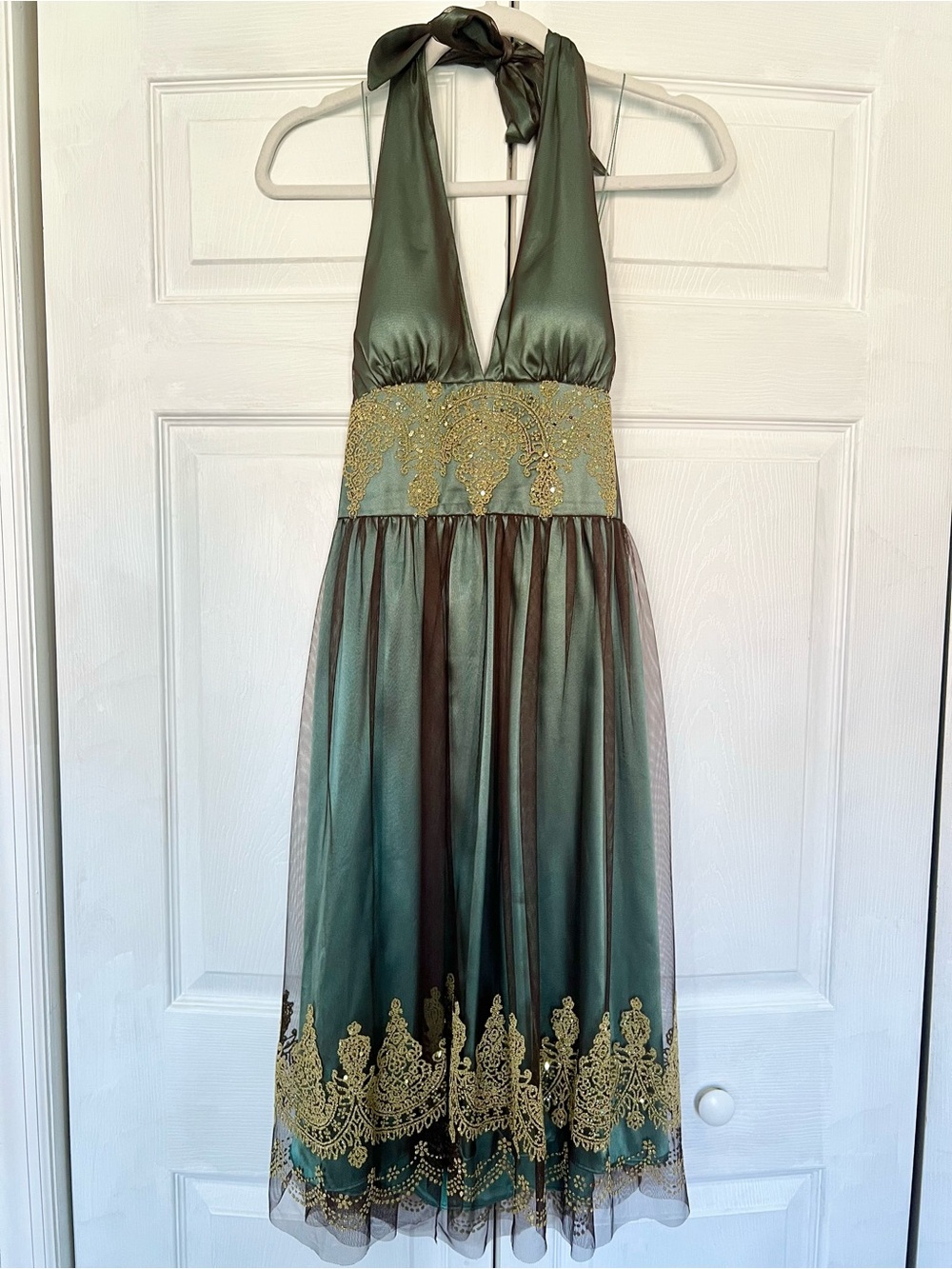 Adrianna Papell Boutique Brown & Green Satin Halter Dress with Gold details Y2K